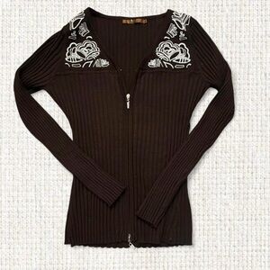 Belldini Brown Ribbed Zip-Up Long Sleeve Top – Size M